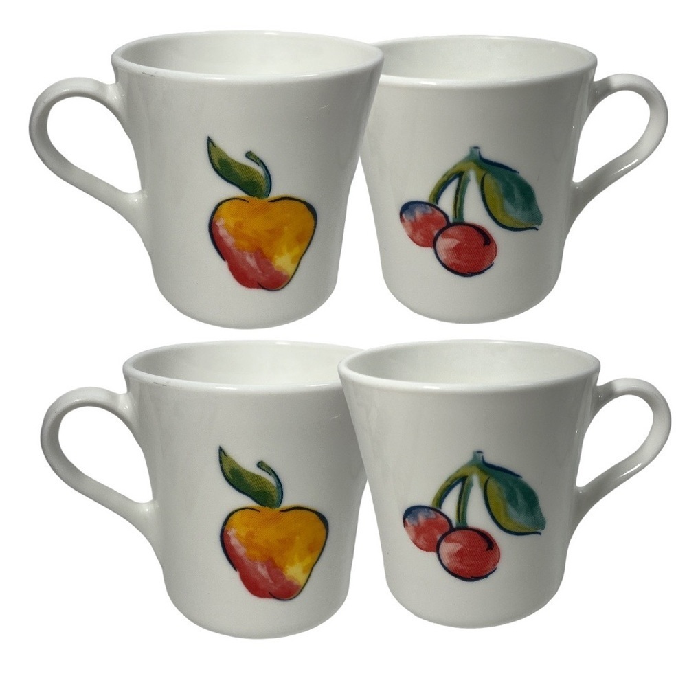 Corelle Corning Mug Set of 4 Retro Fruit Apple Cherry USA Design 2 Sided Vintage